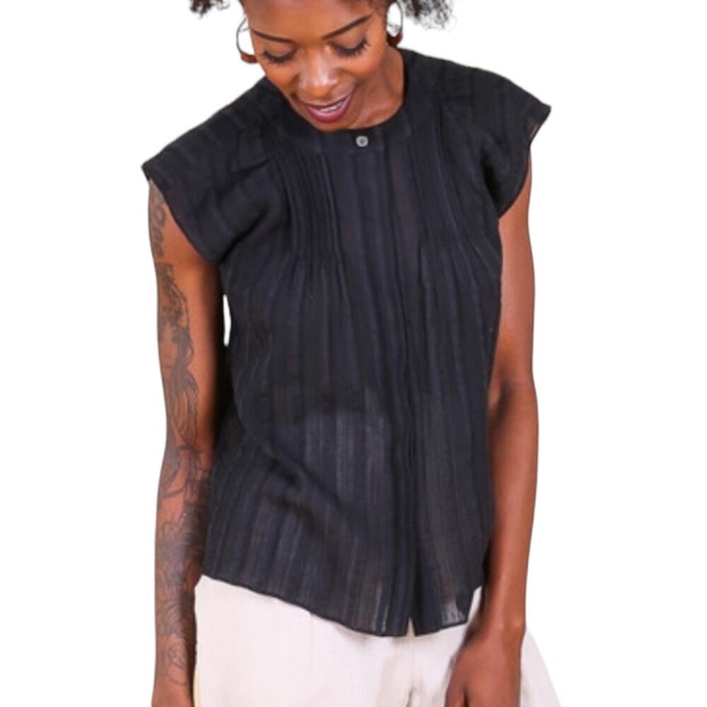 Steven Alan Camaro Top Large Black Gauze Stripe Lightweight Casual USA Made